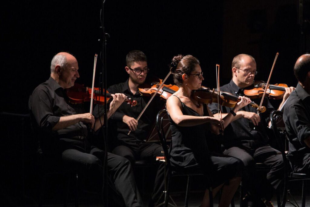 Musicisti di un concerto di musica da camera a Firenze, ensemble di violini in un'esibizione dal vivo.
